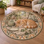 Orange Tabby Teacup Afternoon Round Mat Rug with printed 3D depth in a coordinated sage and linen nook.