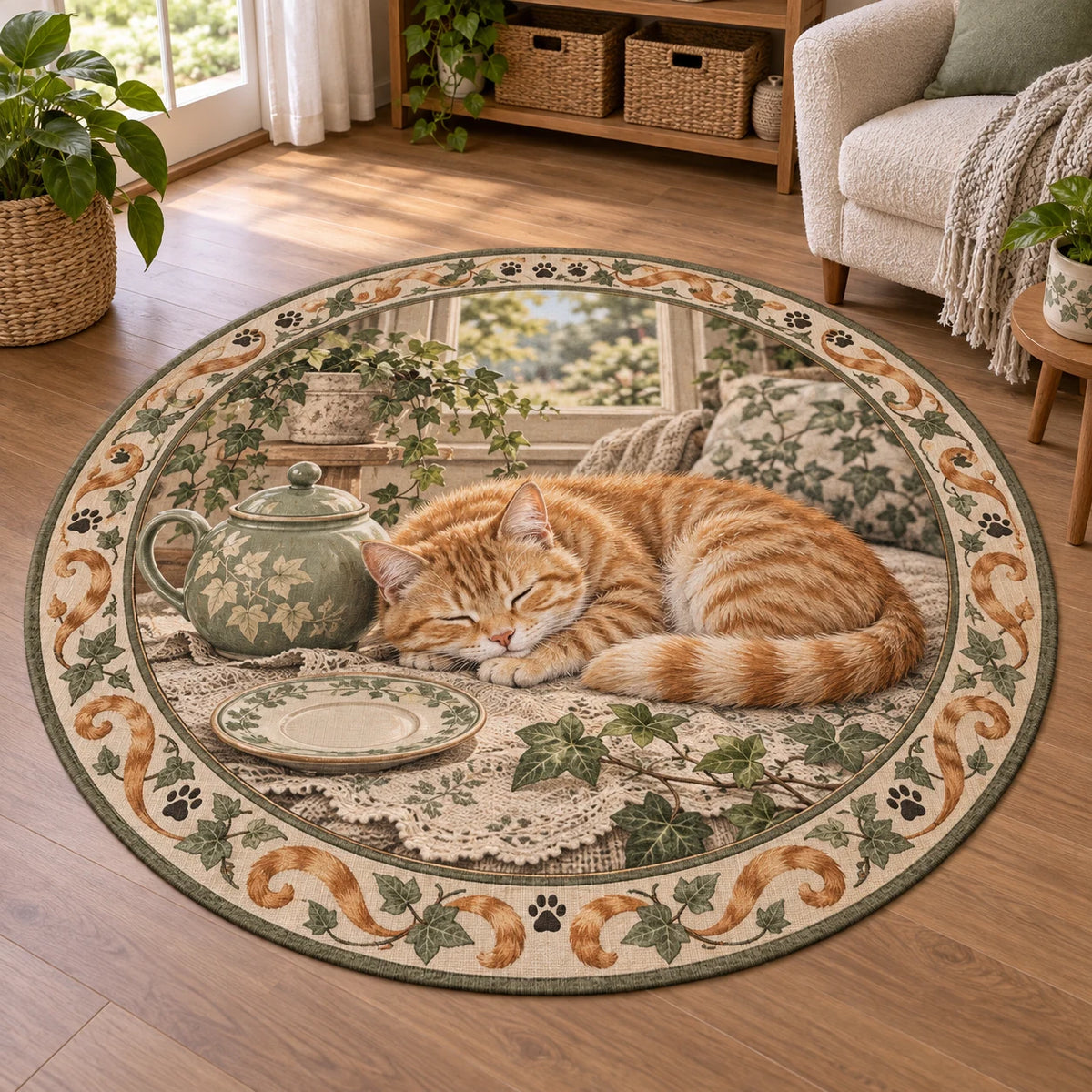 Orange Tabby Teacup Afternoon Round Mat Rug with printed 3D depth in a coordinated sage and linen nook.