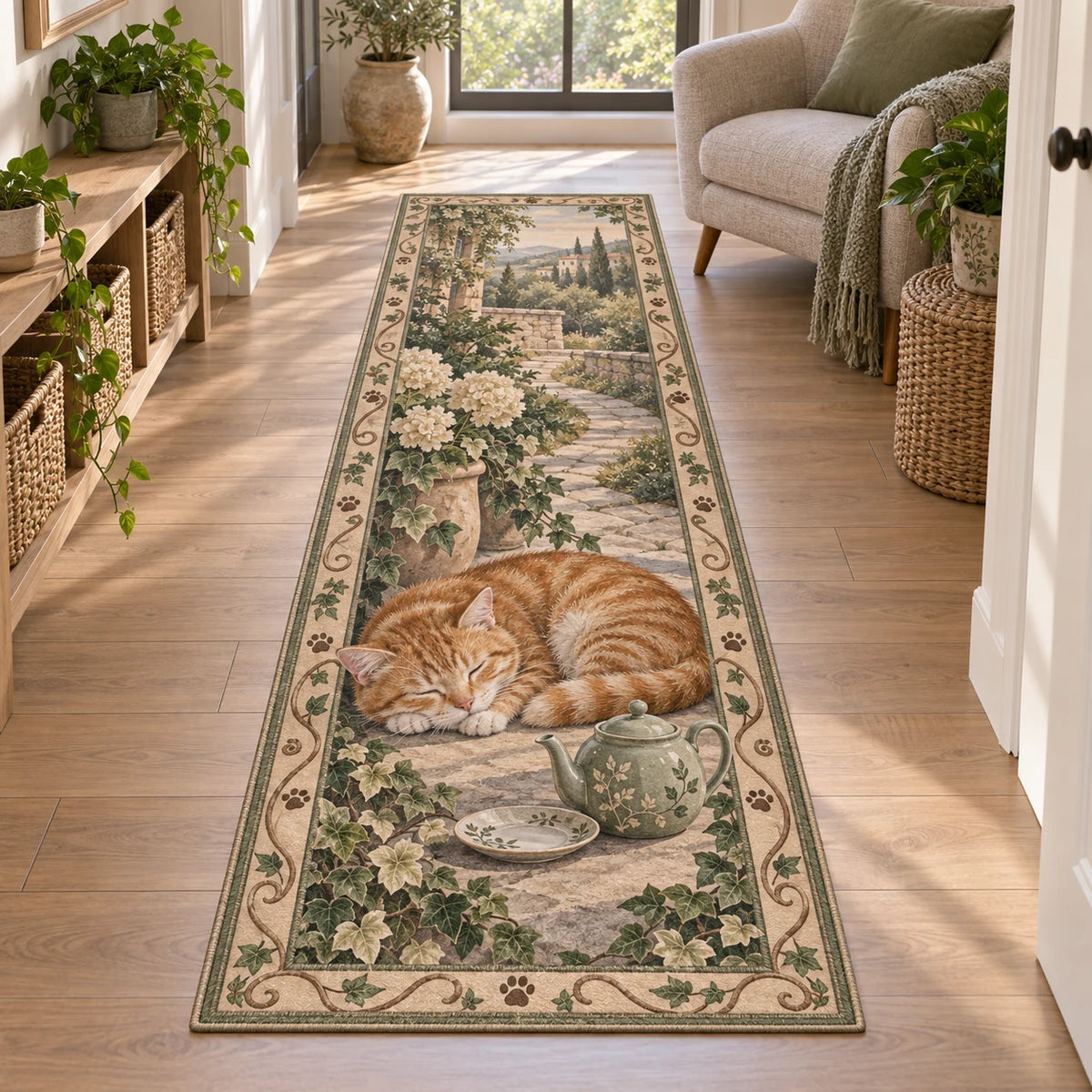 Orange Tabby Teacup Afternoon Runner Rug with printed 3D depth in a coordinated sage and linen nook.