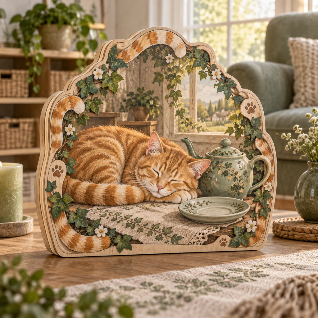 Orange Tabby Teacup Afternoon Wooden Block 3 Layer with sleeping cat, sage teapot and ivy border in a cozy room