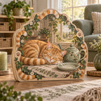 Orange Tabby Teacup Afternoon Wooden Block 3 Layer with sleeping cat, sage teapot and ivy border in a cozy room