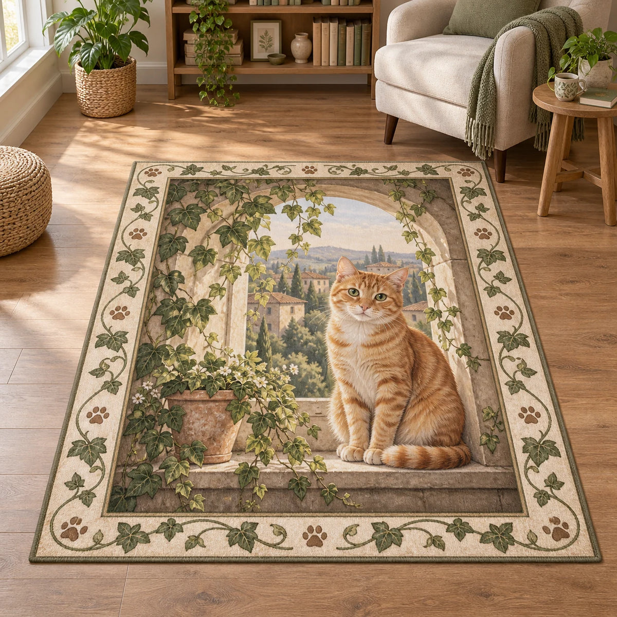 Orange tabby area rug with ivy-covered arched window, distant garden and cream paw-print border