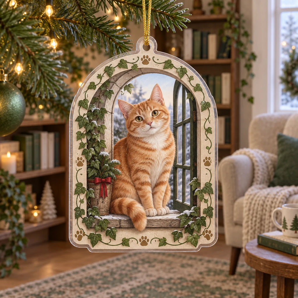 Orange tabby acrylic Christmas ornament with ivy window, evergreen pot and cream paw-accent border