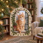 Orange tabby acrylic Christmas ornament with ivy window, evergreen pot and cream paw-accent border