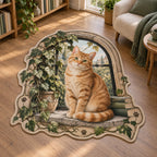 Orange tabby custom shape rug with arched window, ivy, books and cream paw-accent outline