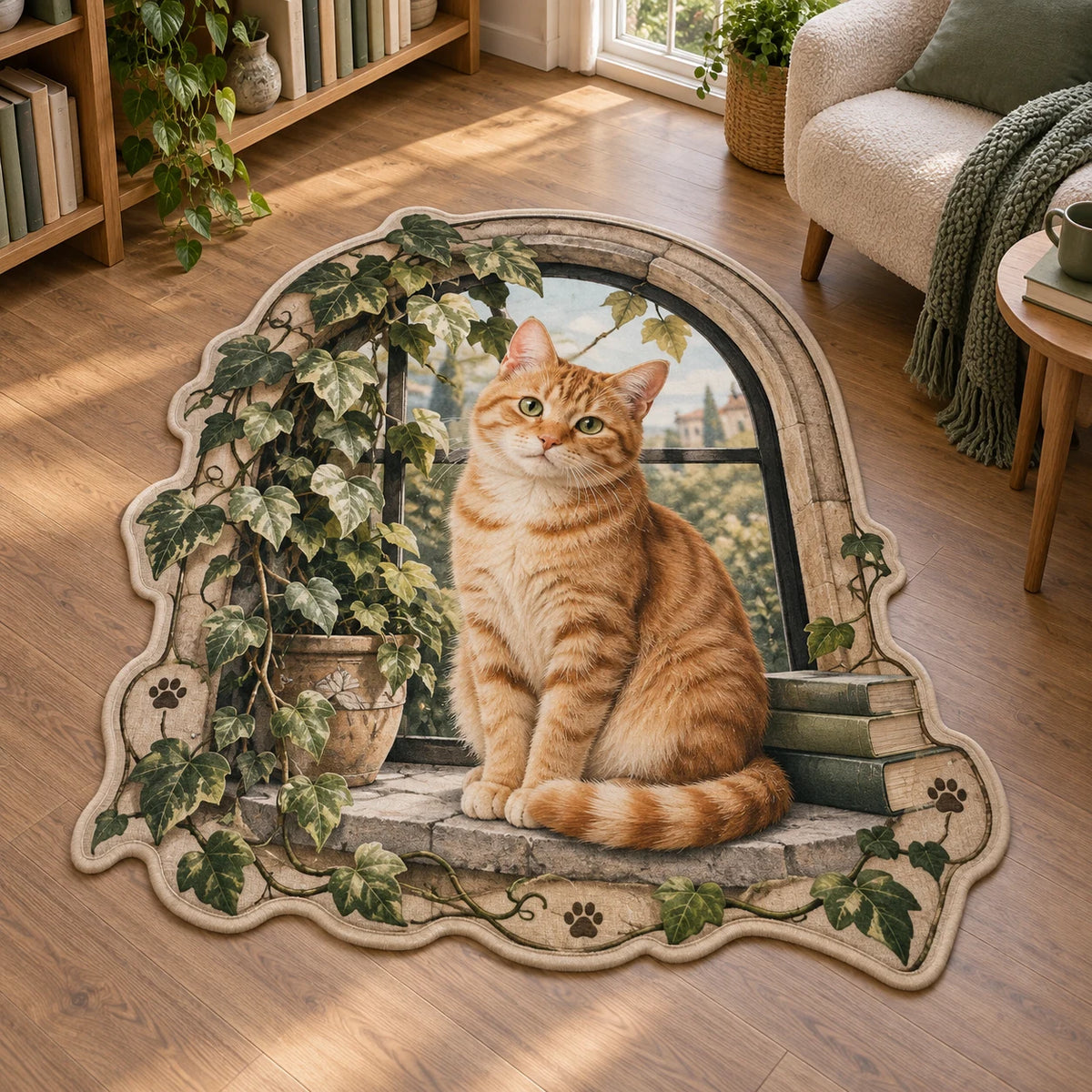 Orange tabby custom shape rug with arched window, ivy, books and cream paw-accent outline
