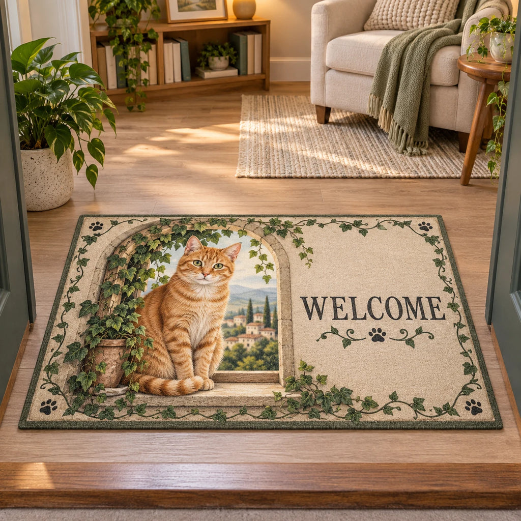 Orange tabby WELCOME doormat with an ivy-covered arched window and cream paw-accent border