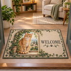 Orange tabby WELCOME doormat with an ivy-covered arched window and cream paw-accent border