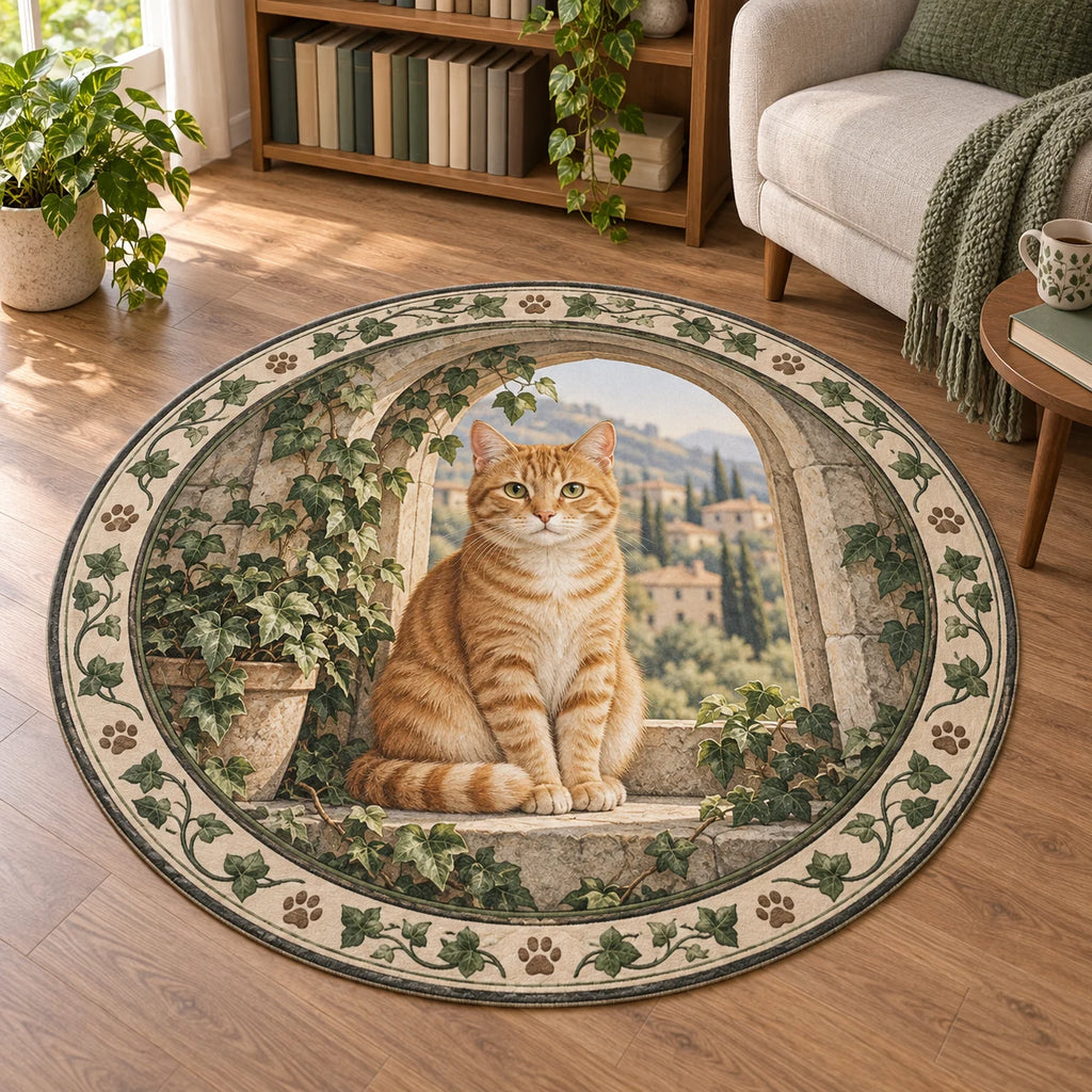 Round mat rug featuring an orange tabby in an ivy-covered arched window with a cream paw-print border