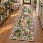 Orange tabby runner rug with arched window, books, garden path and ivy-and-paw rails