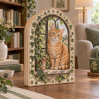 Three-layer wooden block featuring an orange tabby in an ivy-framed arched window