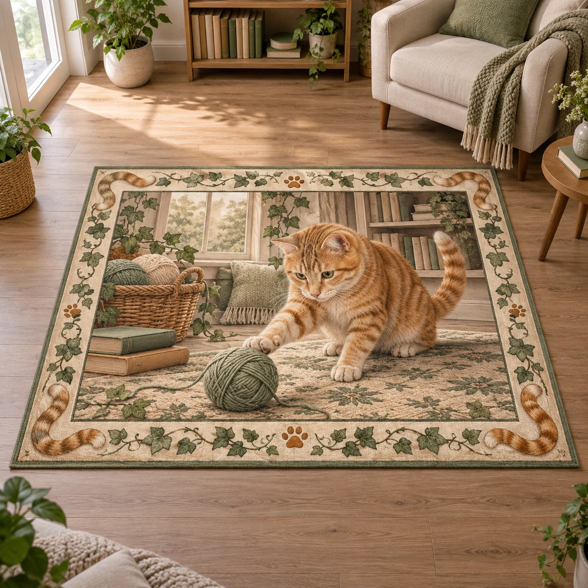 Orange Tabby Yarn Basket Area Rug with an orange tabby reaching toward sage yarn and an ivy-and-paw border.