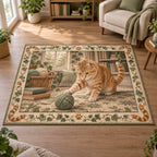 Orange Tabby Yarn Basket Area Rug with an orange tabby reaching toward sage yarn and an ivy-and-paw border.
