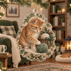Orange Tabby Yarn Basket Christmas Ornament with an orange tabby reaching toward sage yarn and an ivy-and-paw border.