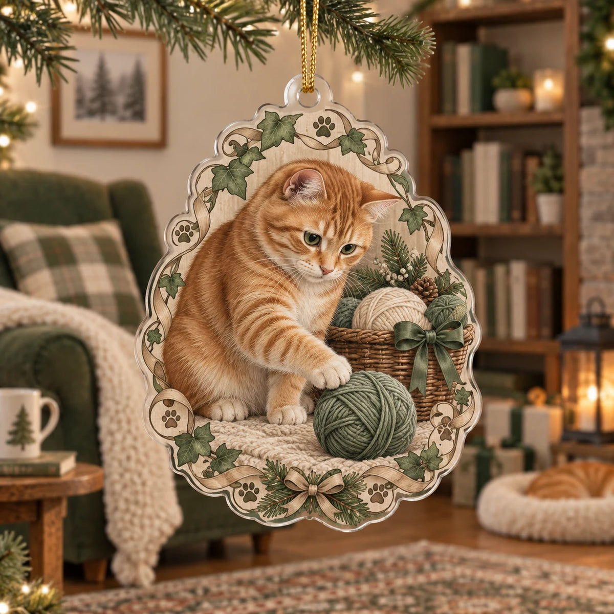Orange Tabby Yarn Basket Christmas Ornament with an orange tabby reaching toward sage yarn and an ivy-and-paw border.