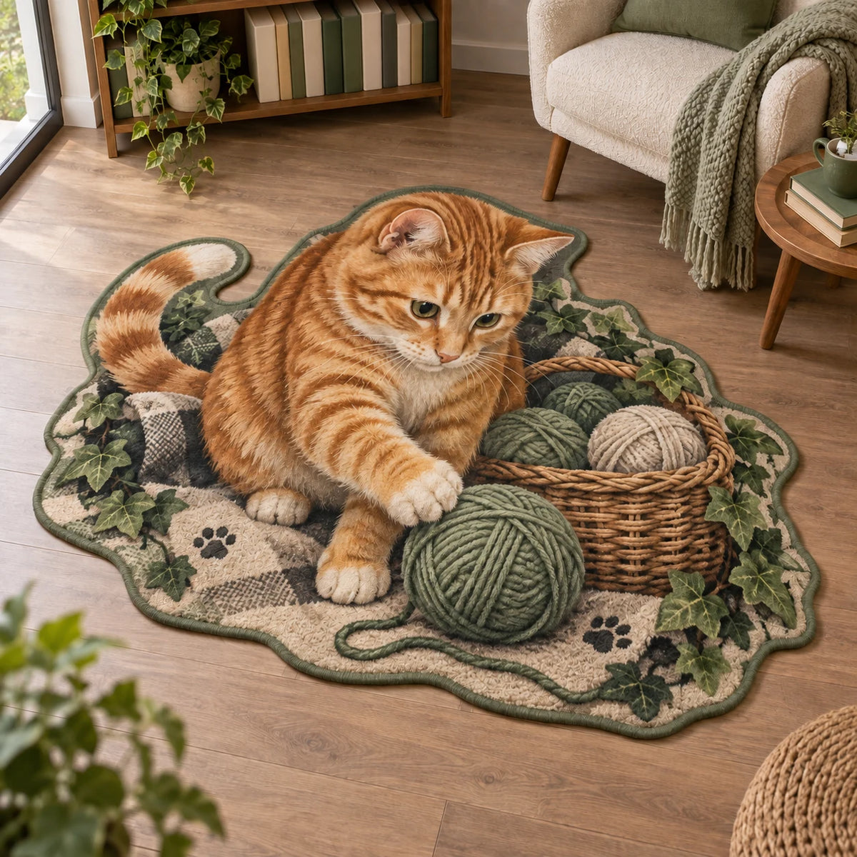 Orange Tabby Yarn Basket Custom Shape Area Rug featuring an orange tabby reaching toward sage yarn with ivy and paw motifs.