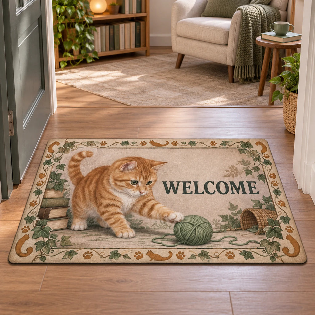 Orange Tabby Yarn Basket Doormat featuring an orange tabby reaching toward sage yarn with ivy and paw motifs.