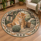 Orange Tabby Yarn Basket Round Mat Rug with an orange tabby reaching toward sage yarn and an ivy-and-paw border.