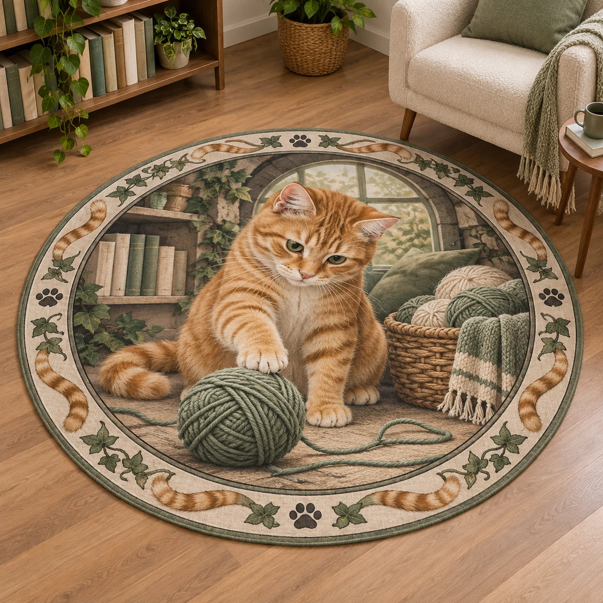 Orange Tabby Yarn Basket Round Mat Rug with an orange tabby reaching toward sage yarn and an ivy-and-paw border.