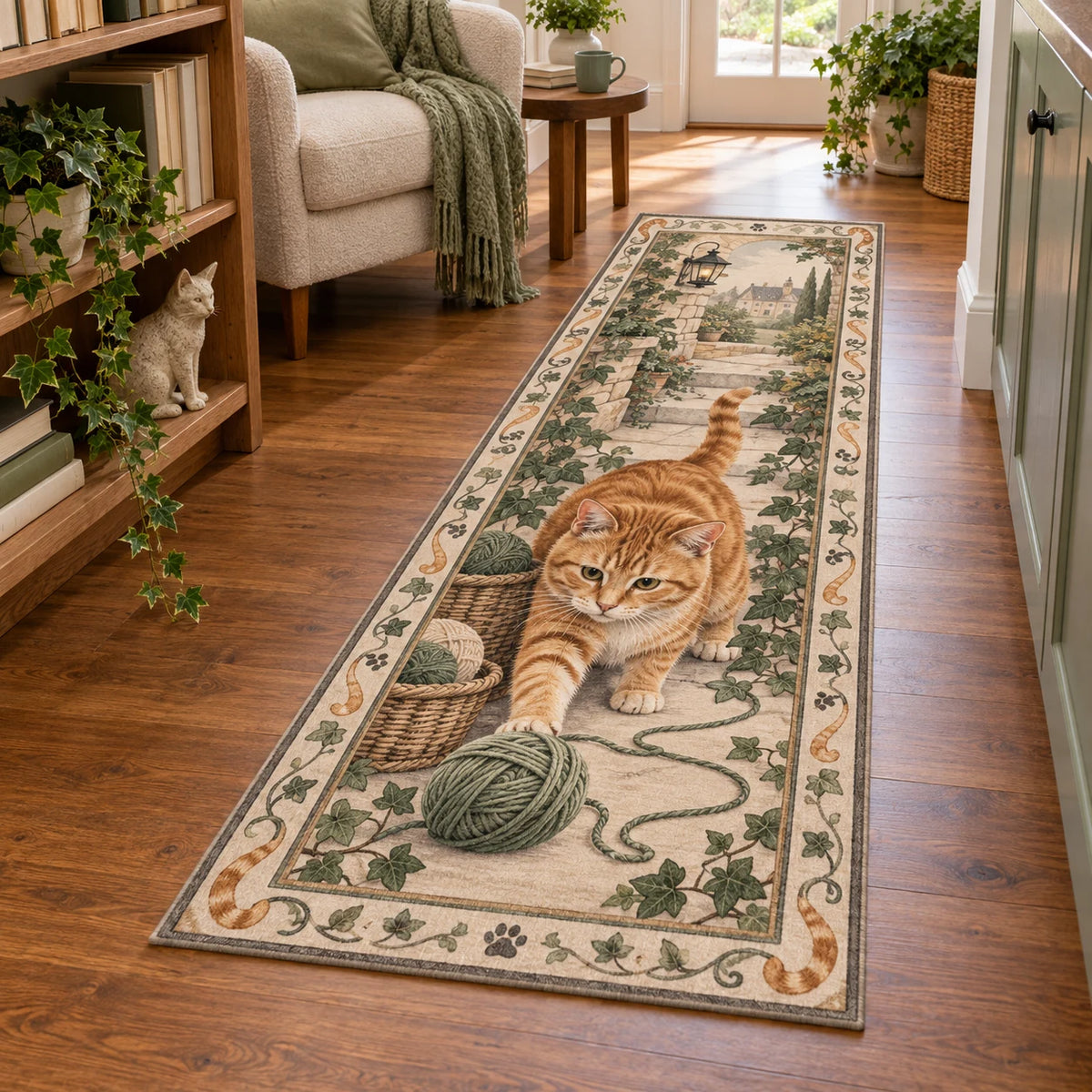 Orange Tabby Yarn Basket Runner Rug with an orange tabby reaching toward sage yarn and an ivy-and-paw border.