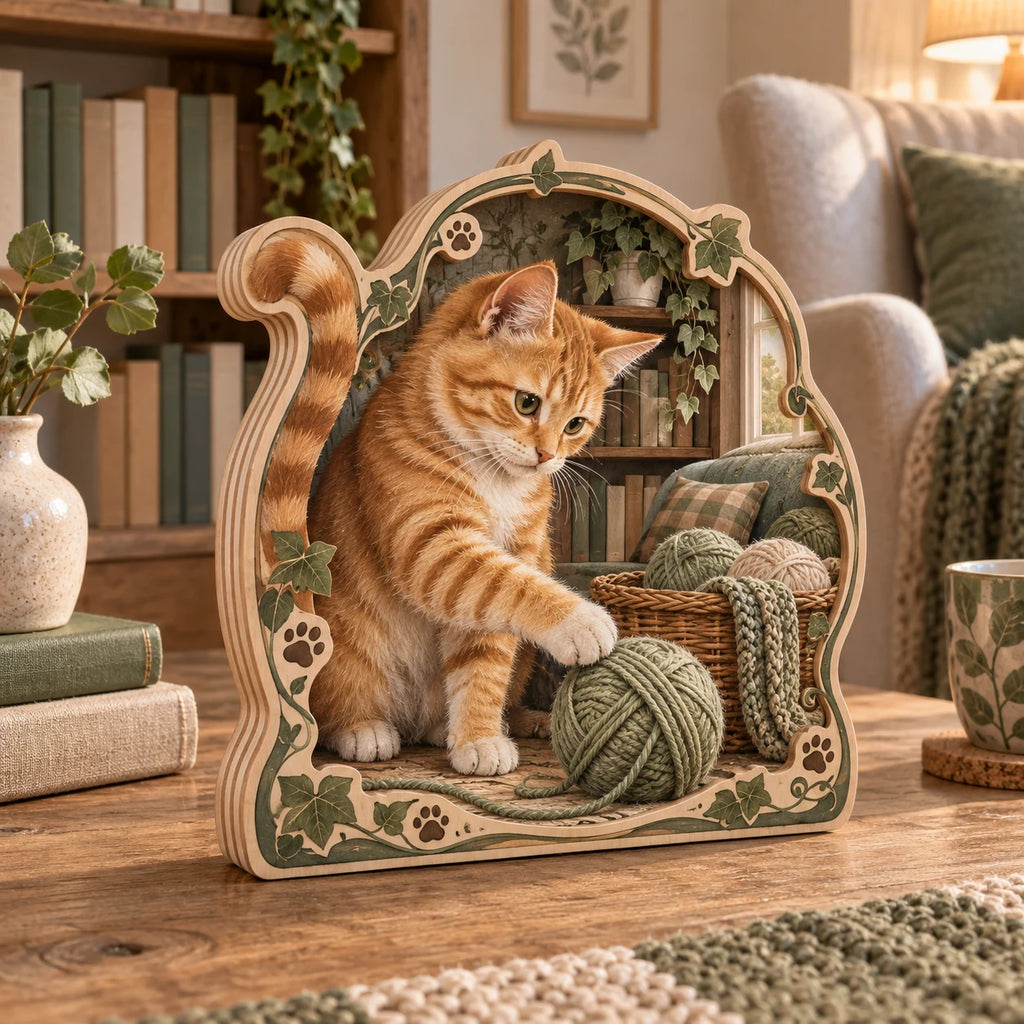 Orange Tabby Yarn Basket Wooden Block 3 Layer featuring an orange tabby reaching toward sage yarn with ivy and paw motifs.