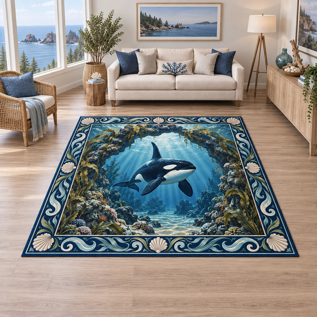 Orca area rug with rocky underwater arch, kelp and blue light rays in a coastal room.
