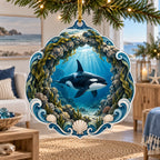 Orca christmas ornament with rocky underwater arch, kelp and blue light rays in a coastal room.