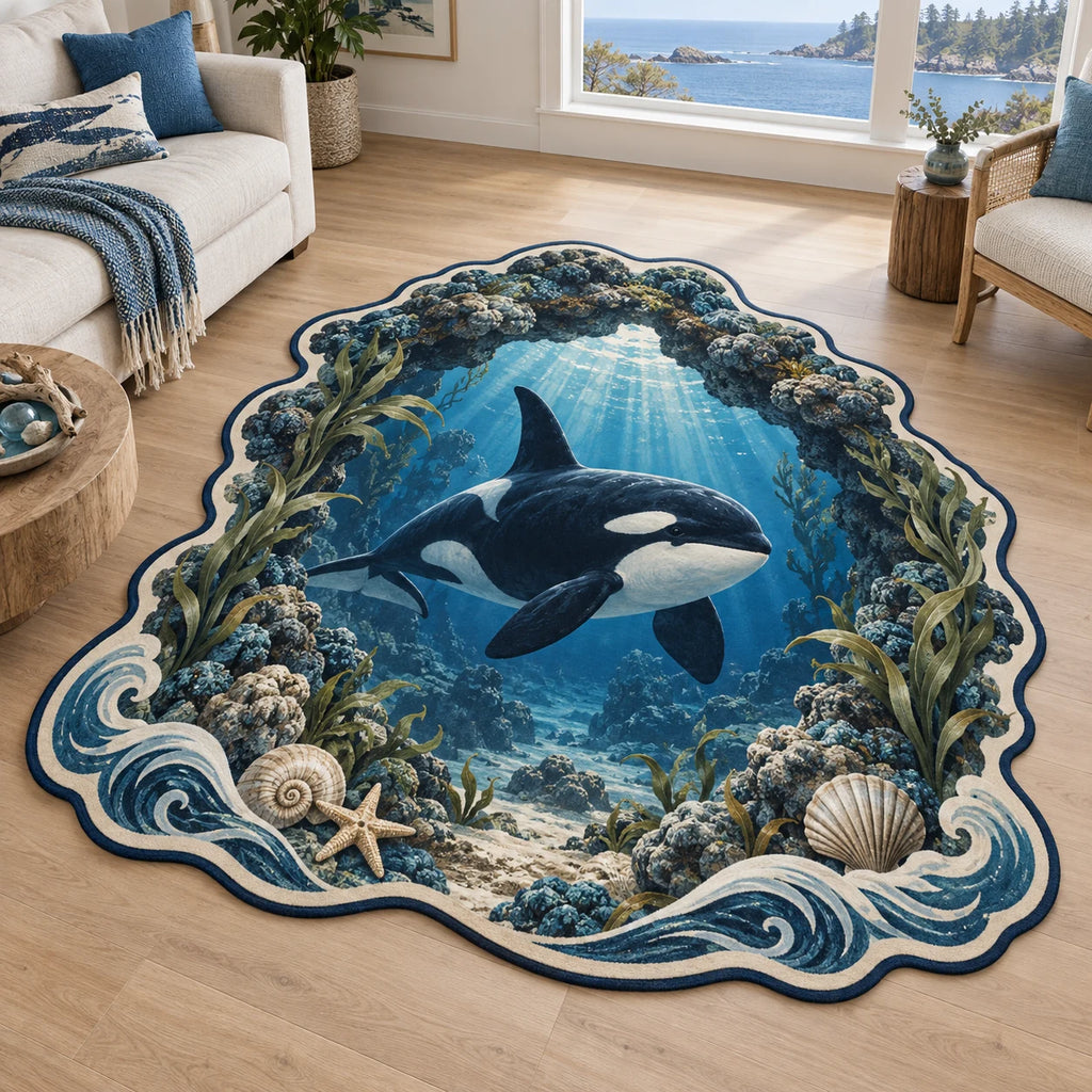 Orca custom shape area rug with rocky underwater arch, kelp and blue light rays in a coastal room.