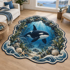Orca custom shape area rug with rocky underwater arch, kelp and blue light rays in a coastal room.
