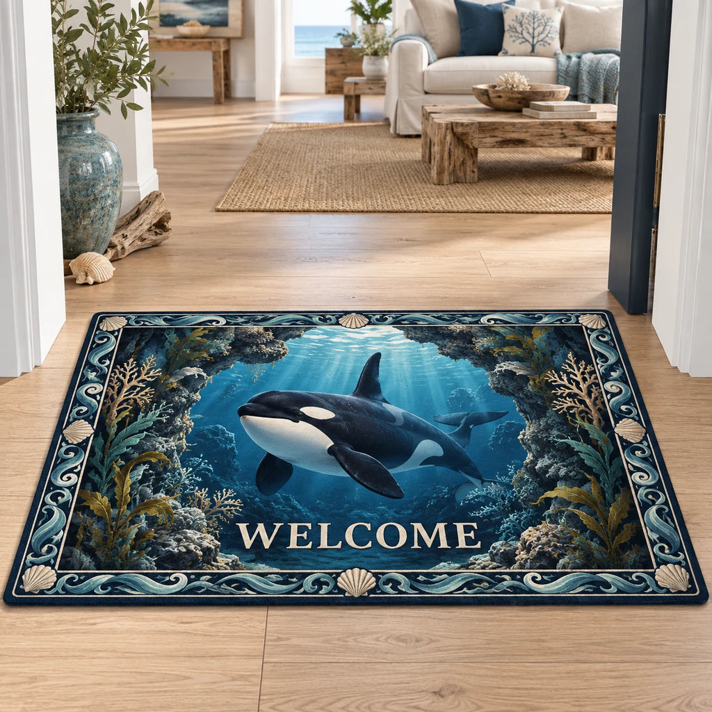 Orca doormat with rocky underwater arch, kelp and blue light rays in a coastal room.