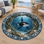 Orca round mat rug with rocky underwater arch, kelp and blue light rays in a coastal room.