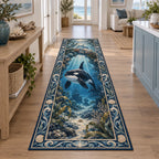 Orca runner rug with rocky underwater arch, kelp and blue light rays in a coastal room.