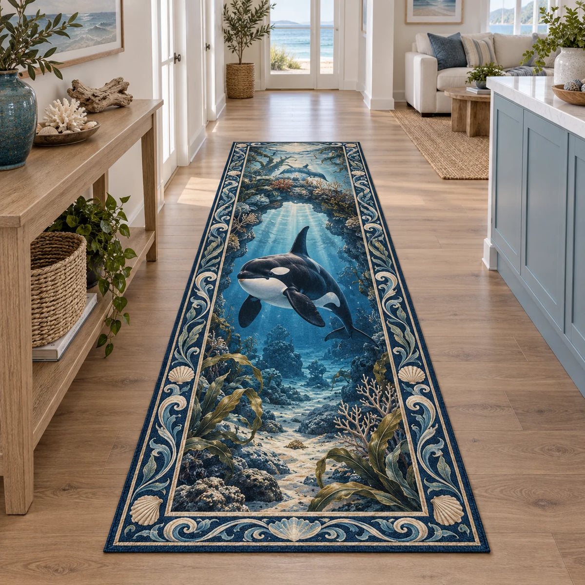Orca runner rug with rocky underwater arch, kelp and blue light rays in a coastal room.
