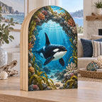 Orca wooden block 3 layer with rocky underwater arch, kelp and blue light rays in a coastal room.