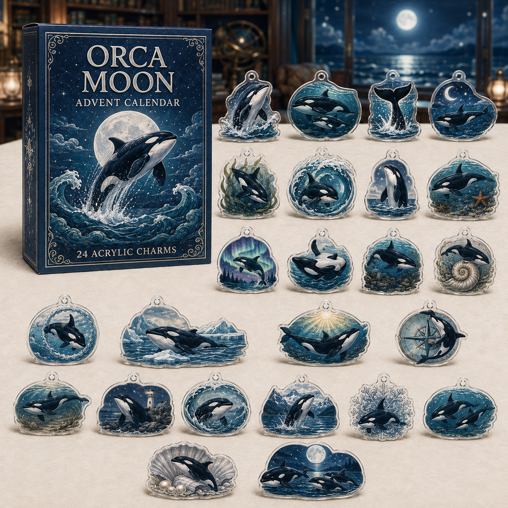 Orca Moon advent calendar gift box with 24 illustrated acrylic charms arranged on a light tabletop