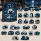 Orca Moon advent calendar gift box with 24 illustrated acrylic charms arranged on a light tabletop
