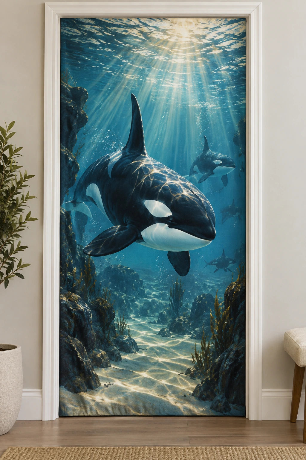 Orca Reef Sunbeams Fabric Door Cover with printed dimensional artwork