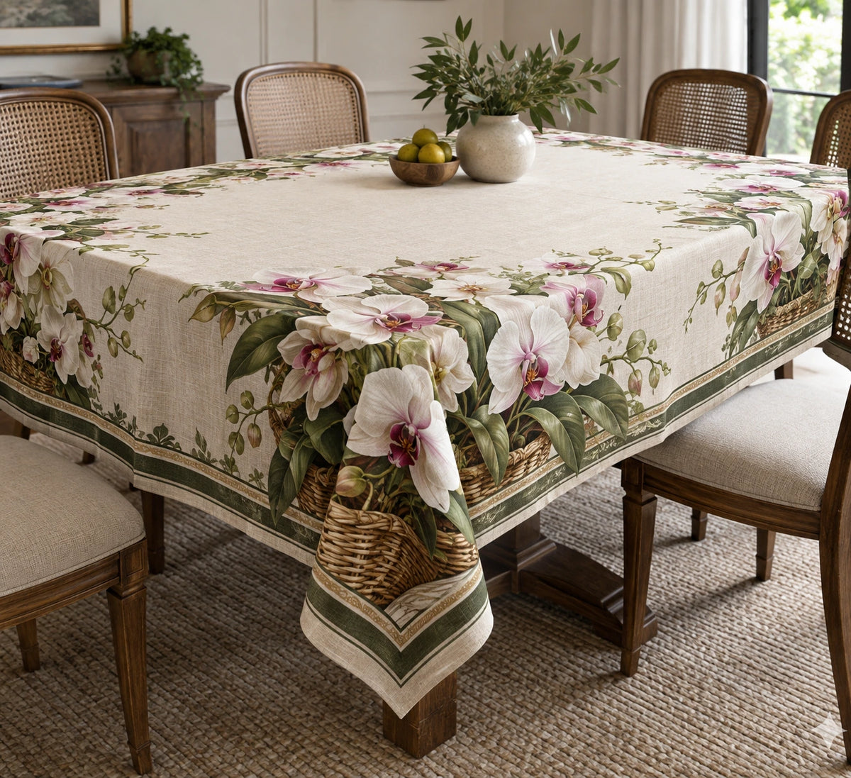 Orchid Garden Basket Tablecloth with printed dimensional artwork