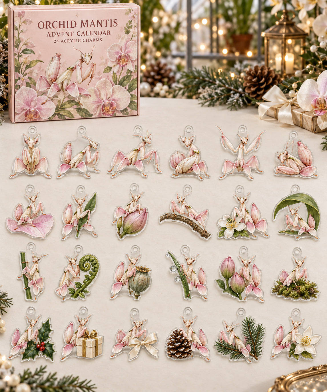 Orchid Mantis advent calendar with 24 custom-shaped flat acrylic charms and printed dimensional artwork