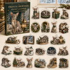 Oriental Shorthair advent calendar box and 24 illustrated acrylic charms displayed on an ivory tabletop in a winter setting