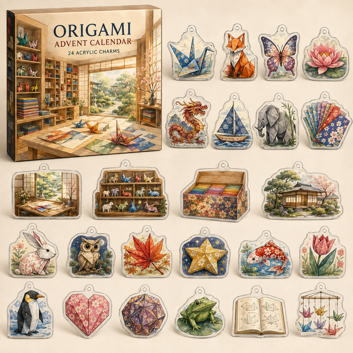 Origami advent calendar with 24 printed acrylic charms in a themed studio