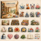 Origami advent calendar with 24 printed acrylic charms in a themed studio