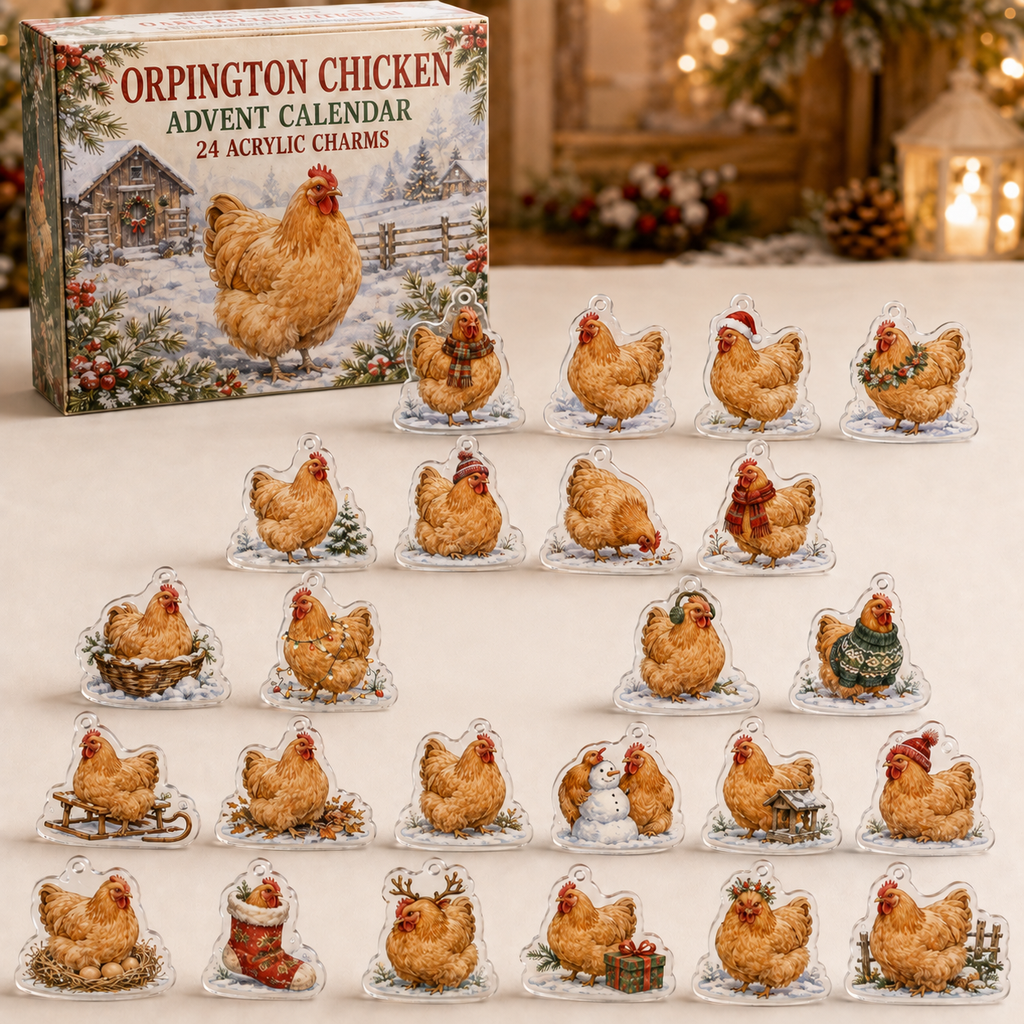 Orpington Chicken advent calendar box and full set of 24 illustrated acrylic charms on a light tabletop