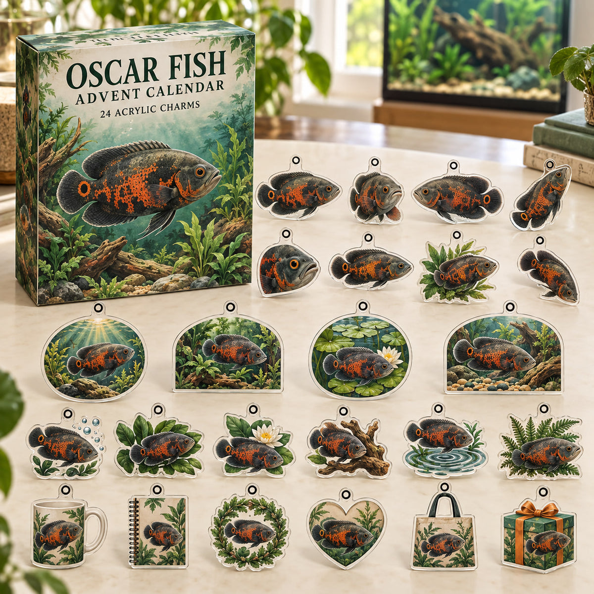 Oscar Fish advent calendar box with 24 themed flat printed acrylic charms