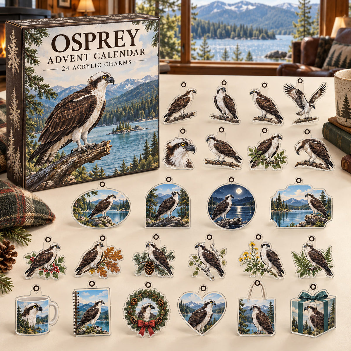 Osprey advent calendar box with 24 themed flat printed acrylic charms