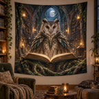 Owl Forest Guardian Ancient Library Wall Tapestry with printed 3D depth
