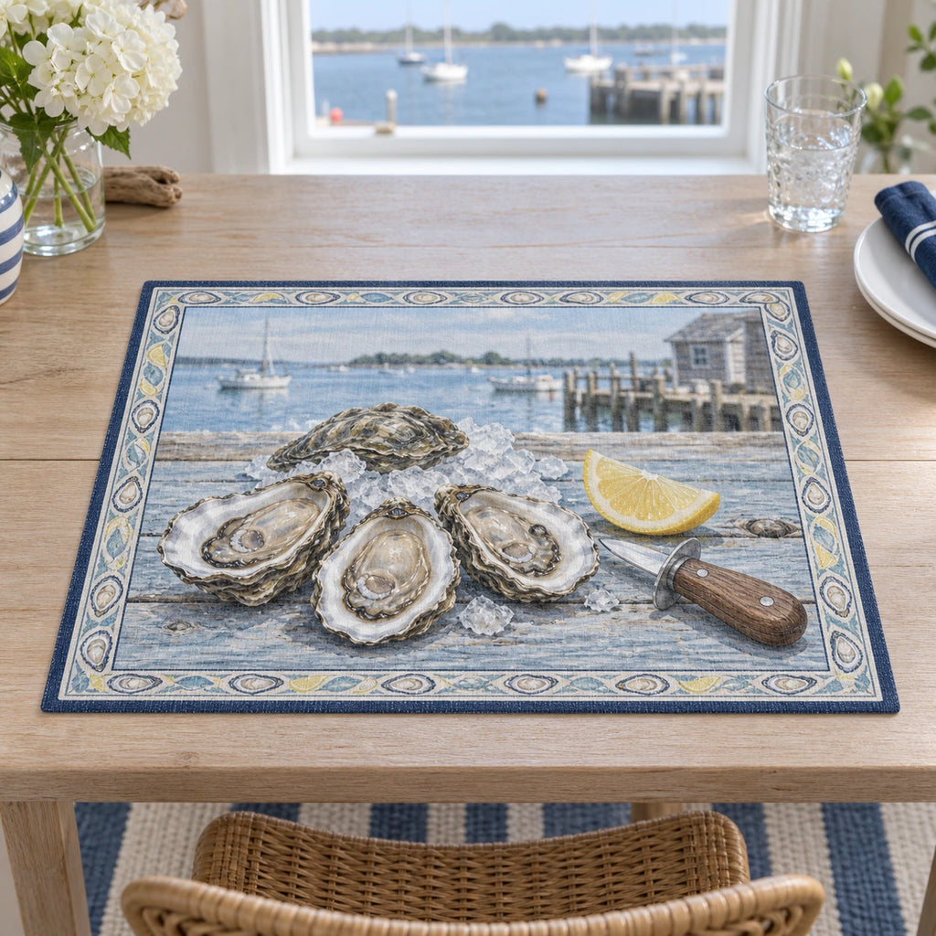 Oyster Shucking Coastal Placemat with original printed optical 3D artwork