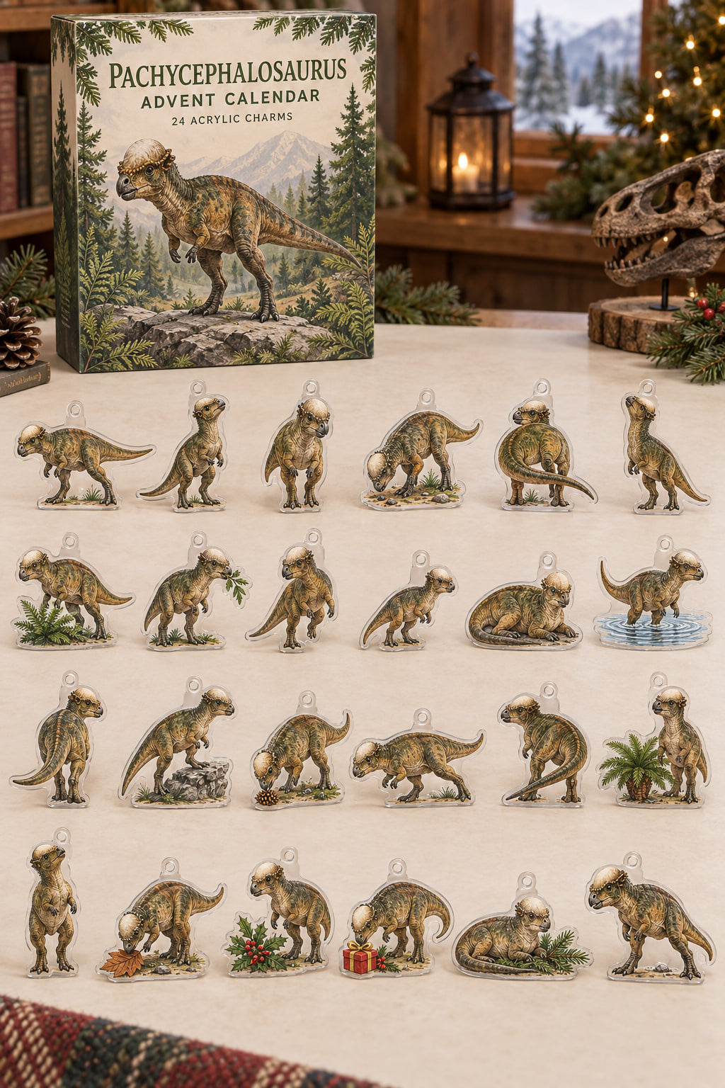 Pachycephalosaurus advent calendar with 24 custom-shaped flat acrylic charms and printed dimensional artwork