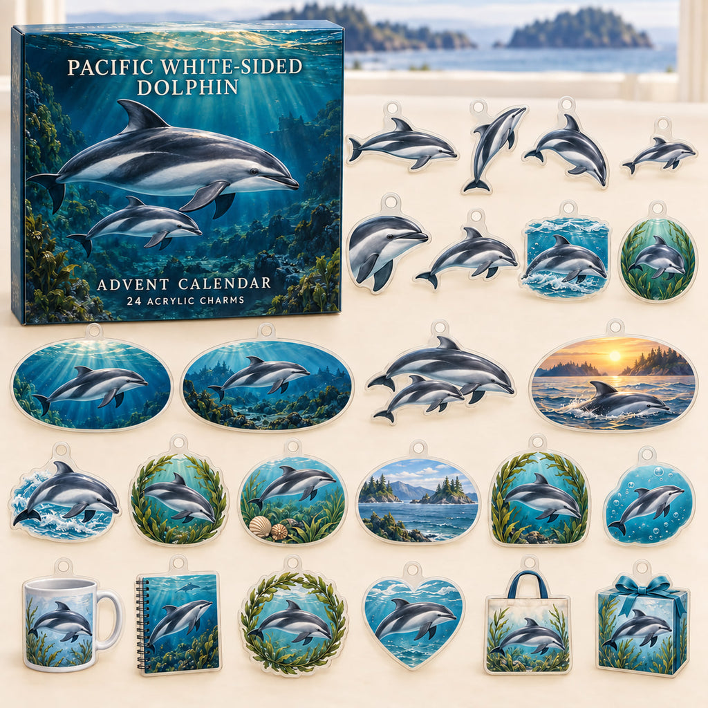 Pacific White-Sided Dolphin advent calendar box and24 themed flat printed acrylic charms with layered ocean artwork