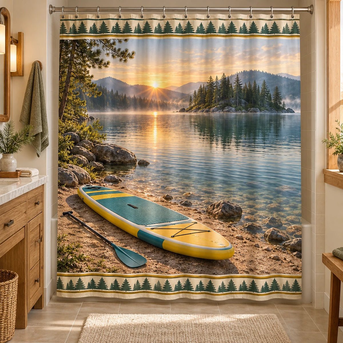 Paddleboard Lake Cove Shower Curtain with original printed optical 3D artwork